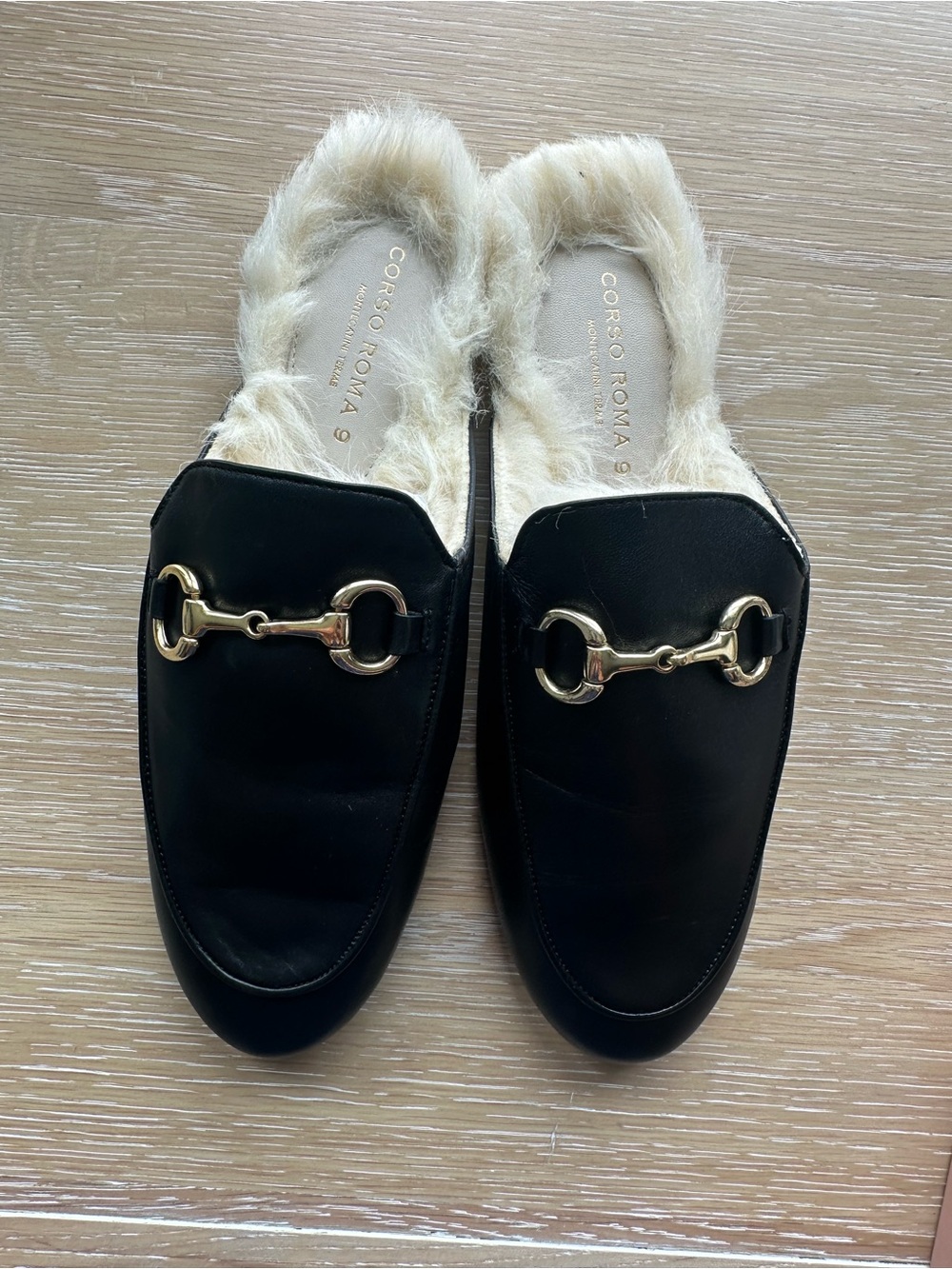 Black Faux-Fur Leather Backless Mules with Gold Bit